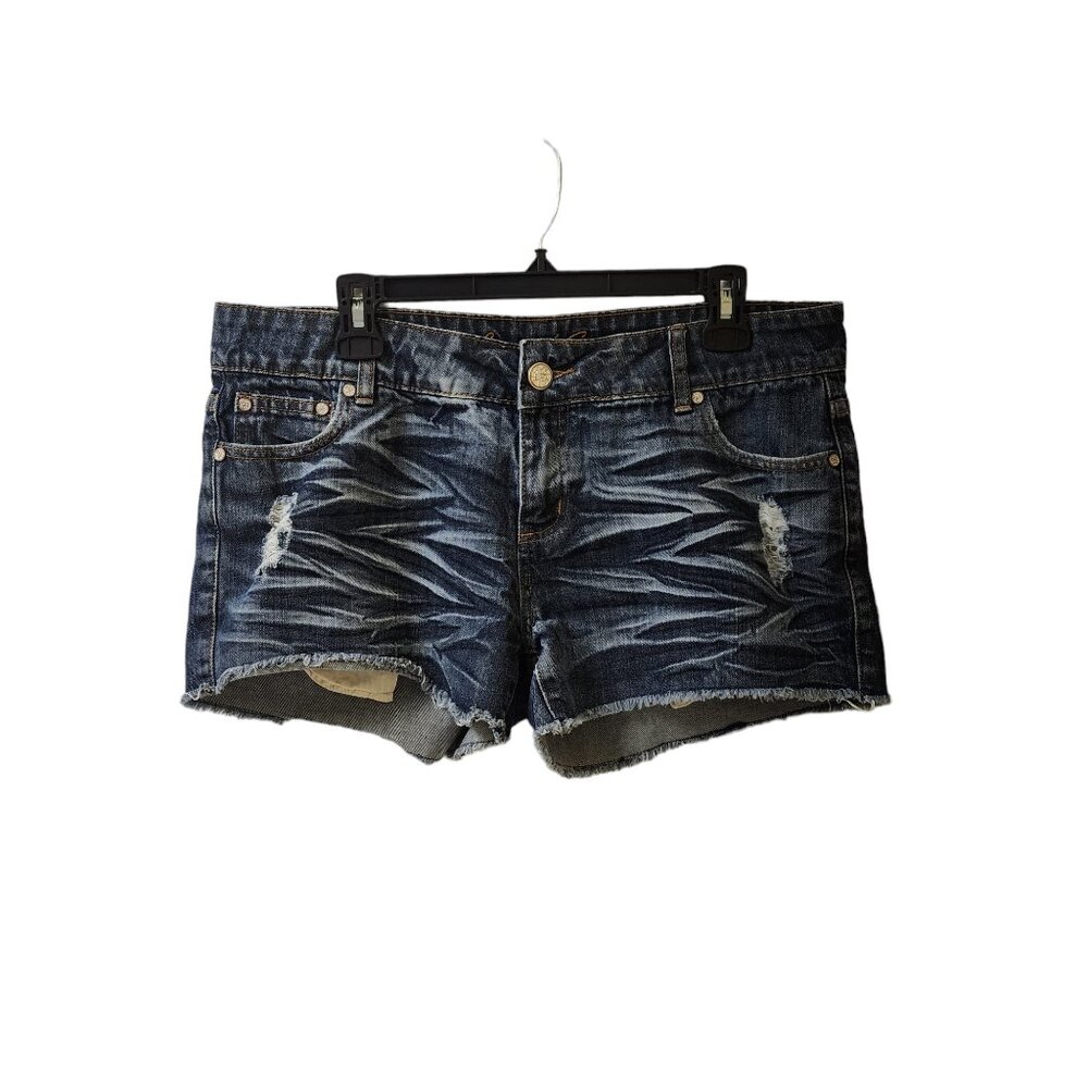 Love Notes Dark Wash Whiskered Jean Shorts Size 13/14 Low Rise y2k Raw Hem